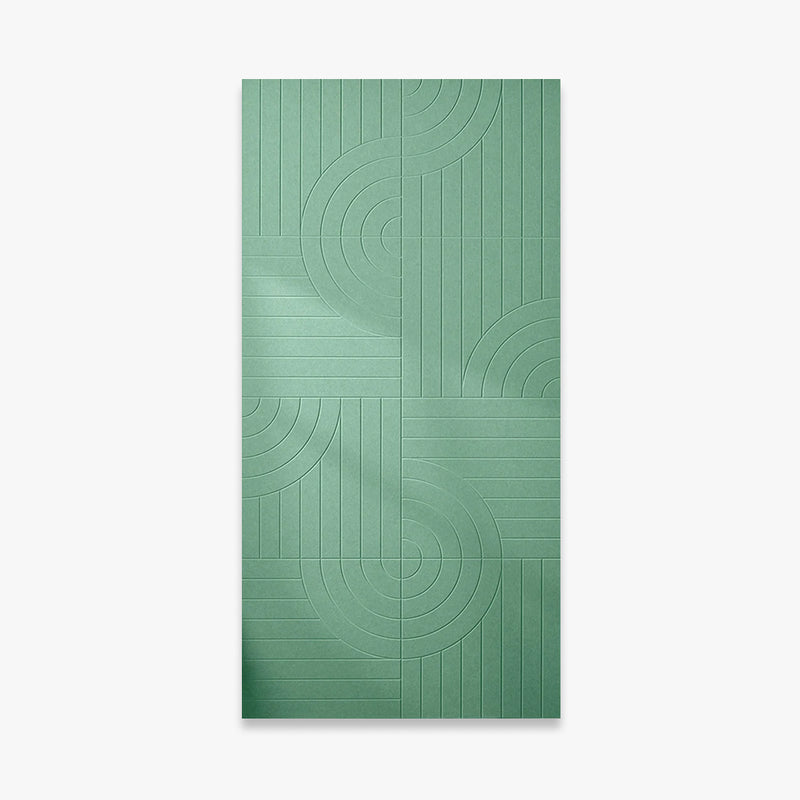 A vertical rectangular wall art panel featuring an embossed geometric pattern of concentric arches and vertical lines in a muted sage green color, shown against a plain light gray background.