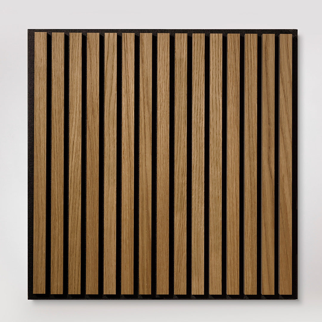 A square wooden slat panel with vertical oak-toned wood strips set in a black frame, shown against a plain light background.