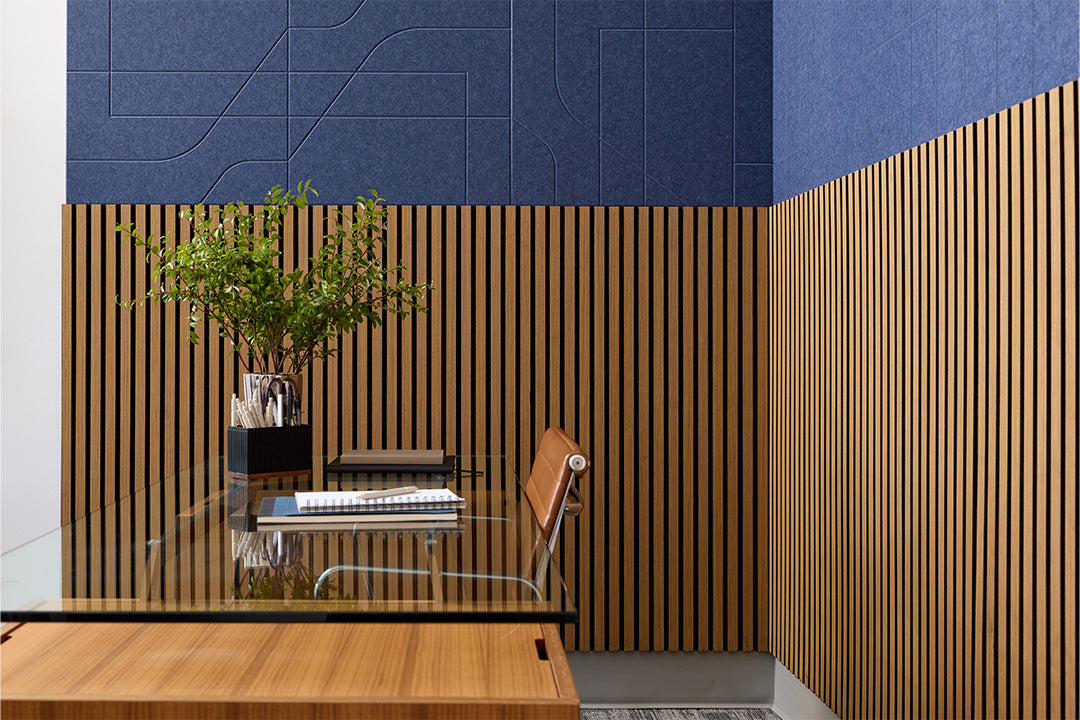 Modern office interior with wooden wainscoting, chair, and desk