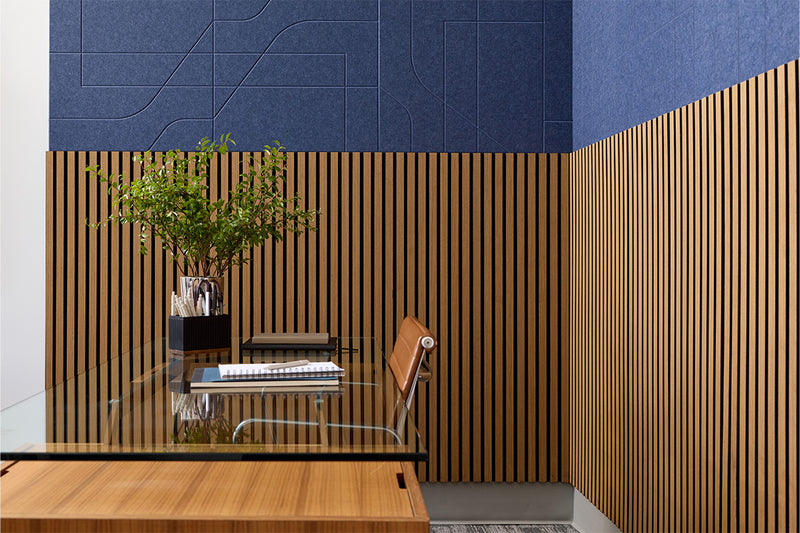 Modern office interior with wooden wainscoting, chair, and desk