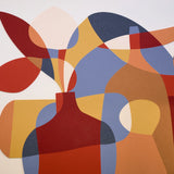 Abstract geometric wall art featuring overlapping organic shapes in terracotta red, mustard yellow, slate blue, peach, and cream on a white background.