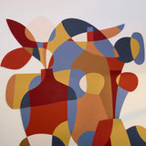 Abstract geometric wall art featuring overlapping organic shapes in terracotta red, mustard yellow, slate blue, tan, and cream on a white background.