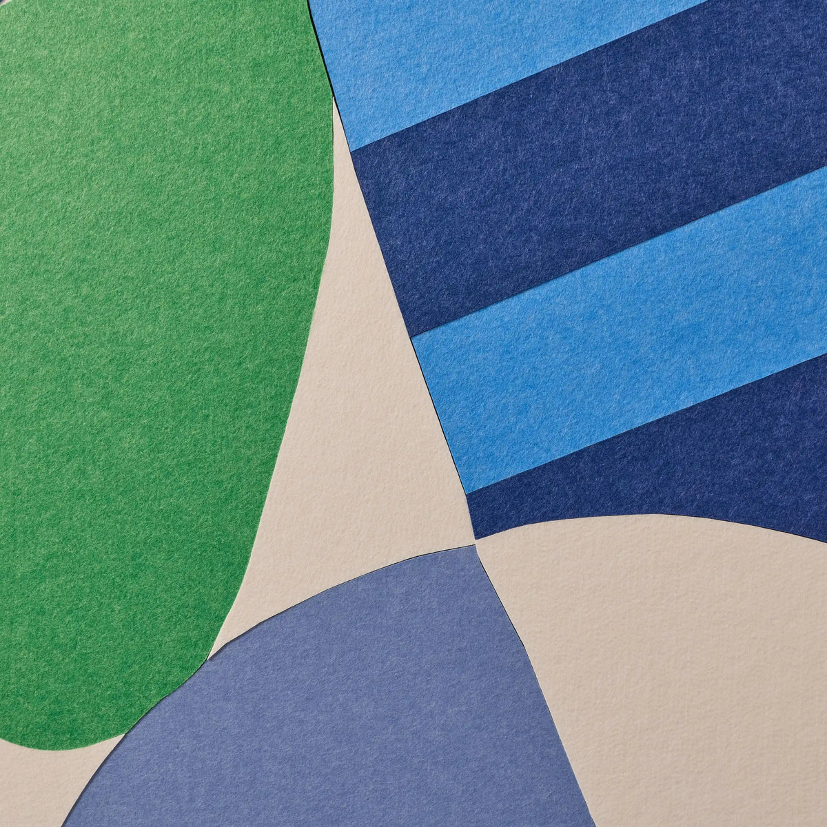 Abstract geometric art featuring textured paper shapes in green, blue, navy, and beige.