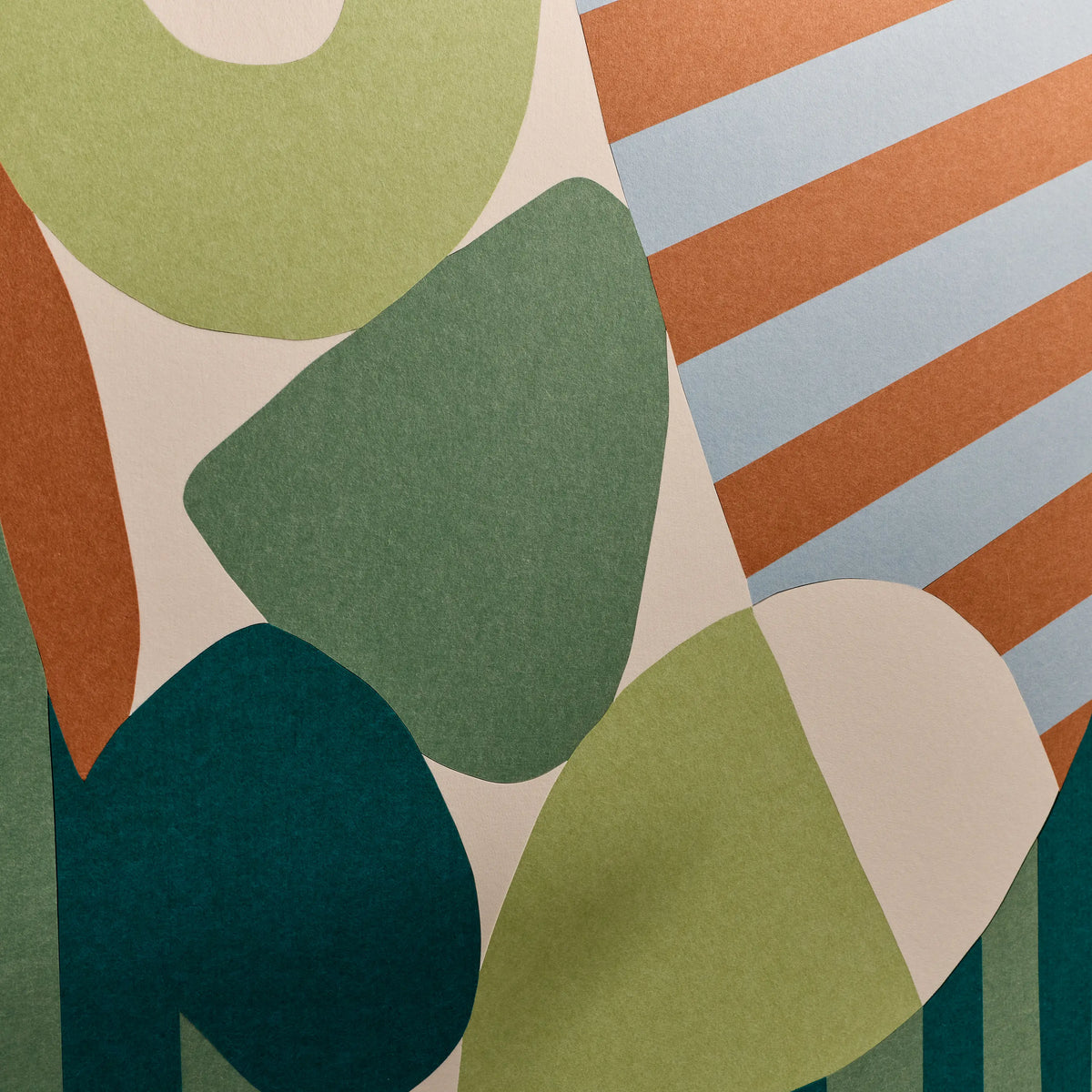Abstract geometric wallpaper pattern featuring overlapping organic shapes in sage green, teal, terracotta, and cream, alongside diagonal stripes.