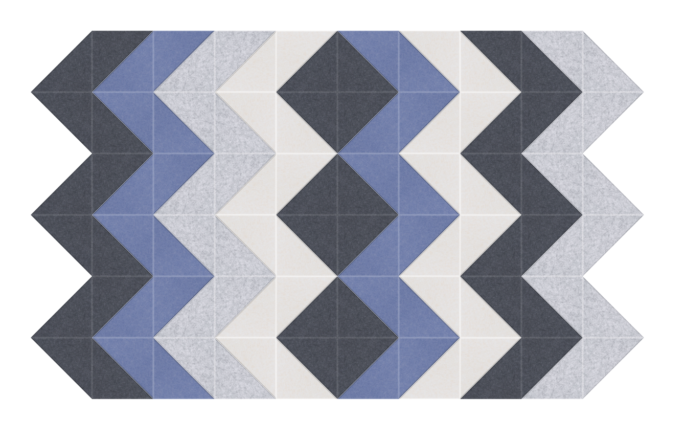 Geometric pattern with dark gray, blue, light gray, and cream colored triangles and diamonds arranged in repeating chevron de