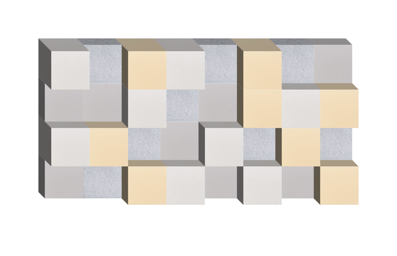 Three-dimensional abstract composition with interlocking blocks in cream, gray, light blue, and taupe tones.