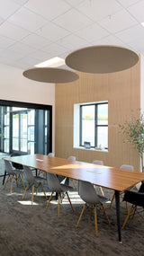 Two tan circular flat baffles suspended from ceiling above conference table in office space.