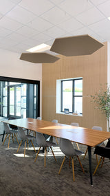 Two brown hexagonal acoustic baffles suspended from ceiling in office meeting room above wooden table.