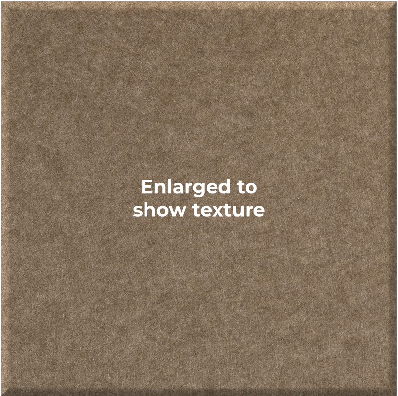 A close-up textured material swatch in a warm taupe-brown color with centered white text reading 'Enlarged to show texture'.