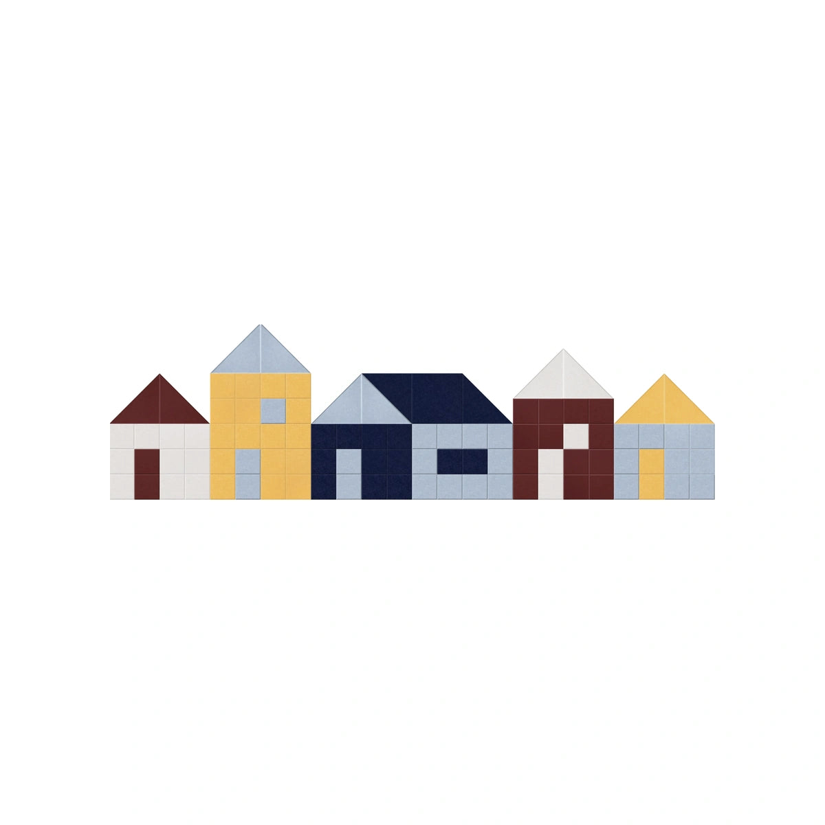 A row of stylized house shapes made from colorful geometric blocks, arranged horizontally on a plain white background.