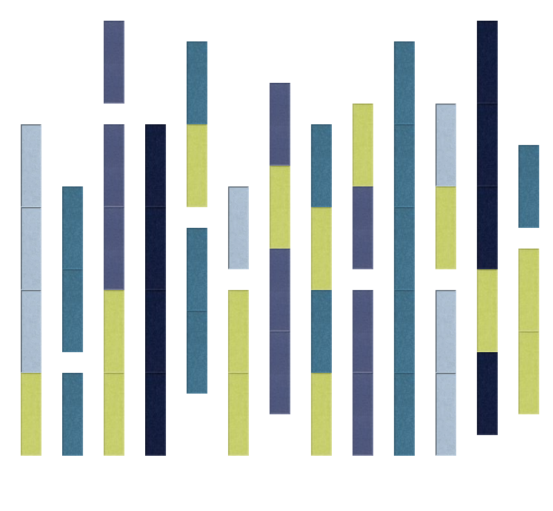 Abstract geometric bar chart with stacked rectangular segments in teal, navy, light blue, and lime green colors.