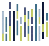 Abstract geometric bar chart with stacked rectangular segments in teal, navy, light blue, and lime green colors.