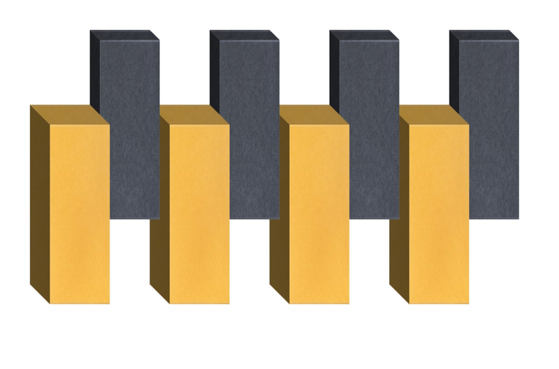 Four yellow and dark gray rectangular 3D blocks arranged in alternating pattern with white spaces between them.