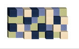 Three-dimensional geometric design with navy, periwinkle, sage green, and cream colored blocks arranged in a grid pattern.