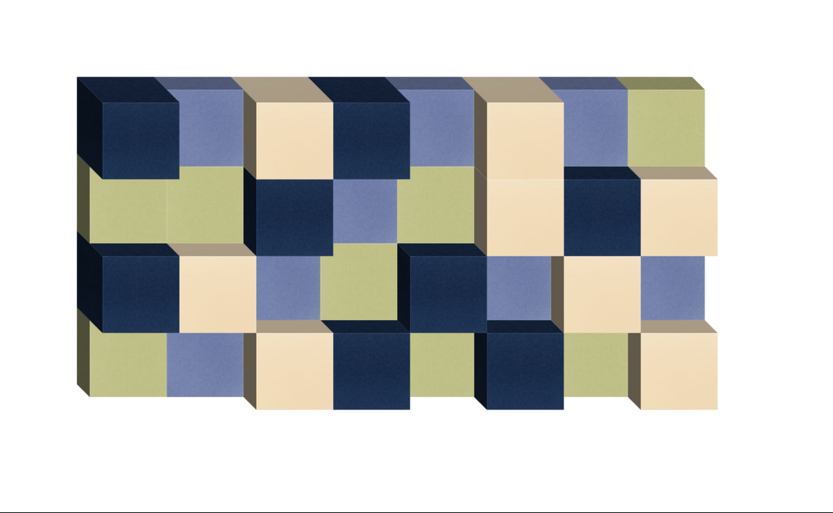 Three-dimensional geometric design with navy, periwinkle, sage green, and cream colored blocks arranged in a grid pattern.