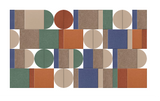Abstract geometric pattern with vertical stripes and circles in navy, rust, green, tan, and brown tones.