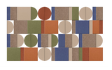 Abstract geometric pattern with interlocking rectangles and circles in earth tones, navy, rust, and cream.