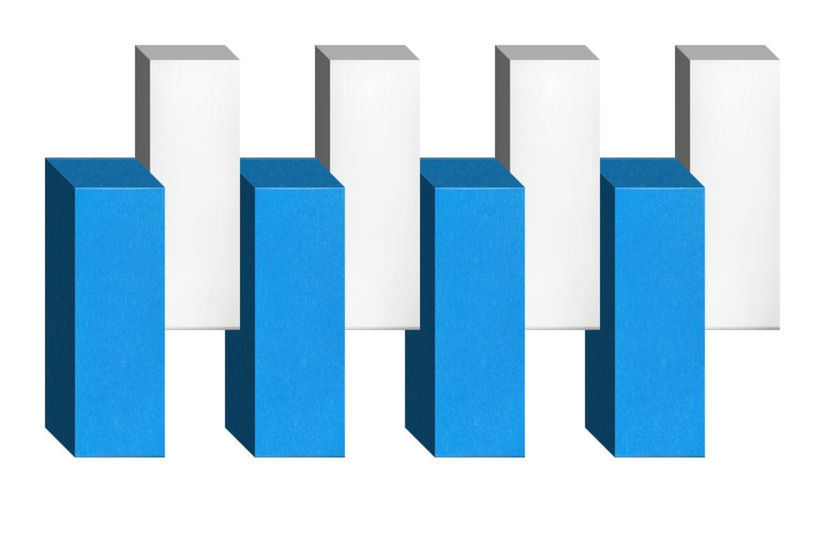 Four 3D rectangular boxes in blue and white arranged in a row.
