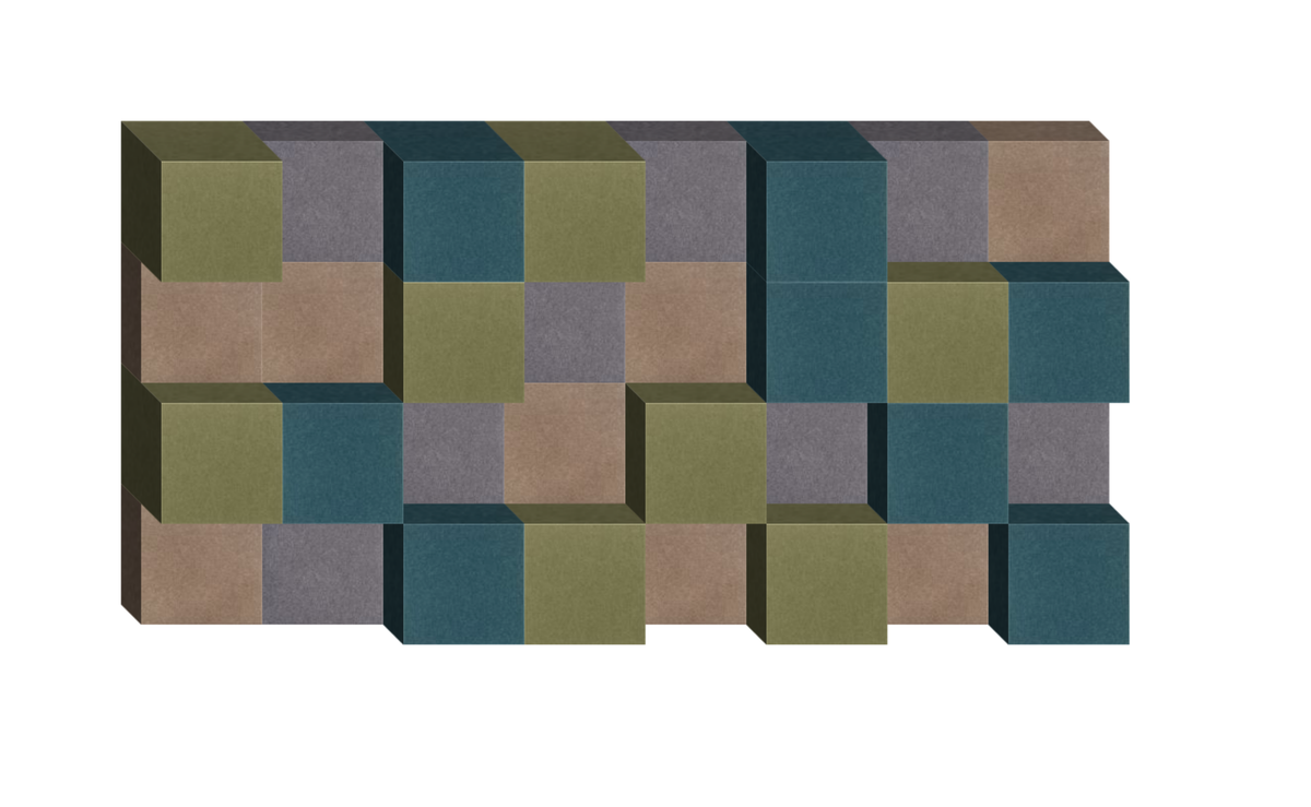 Three-dimensional wall art with interlocking colored blocks in olive, teal, gray, and tan tones.
