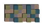 Three-dimensional wall art with interlocking colored blocks in olive, teal, gray, and tan tones.