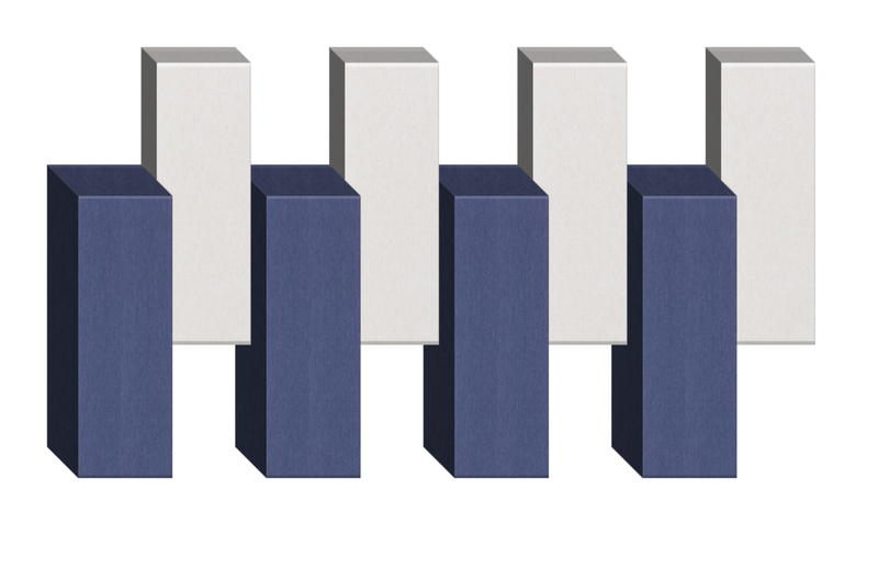 Four pairs of 3D rectangular blocks in navy blue and light gray arranged in a row.