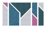 Geometric abstract design with teal, gray, and magenta tiles arranged in angular sections with white diagonal dividers.