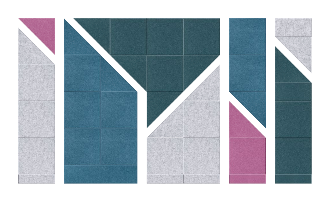Geometric abstract design with teal, gray, and magenta tiles arranged in angular sections with white diagonal dividers.