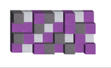 Three-dimensional geometric composition with purple, gray, and white cubic blocks arranged in an interlocking checkerboard pa
