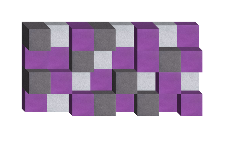 Three-dimensional geometric composition with purple, gray, and white cubic blocks arranged in an interlocking checkerboard pa