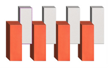 Four red rectangular boxes with light gray rectangular panels positioned behind them in a staggered arrangement.