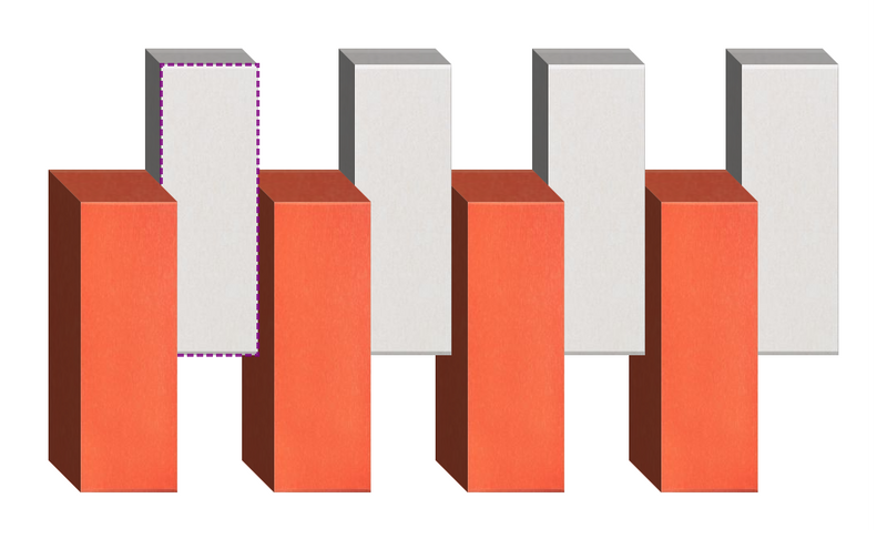 Four red rectangular boxes with light gray rectangular panels positioned behind them in a staggered arrangement.