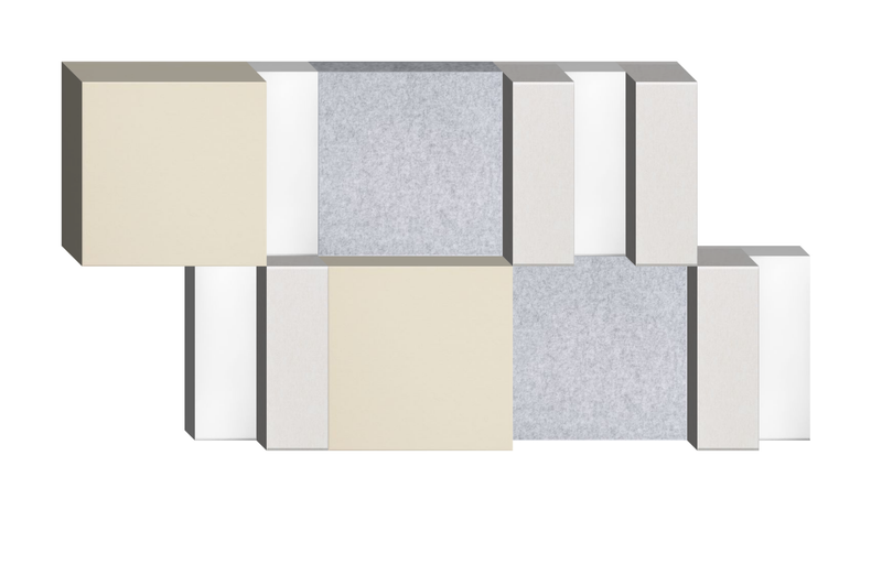 Three-dimensional geometric blocks in cream, gray, and white with staggered arrangement.