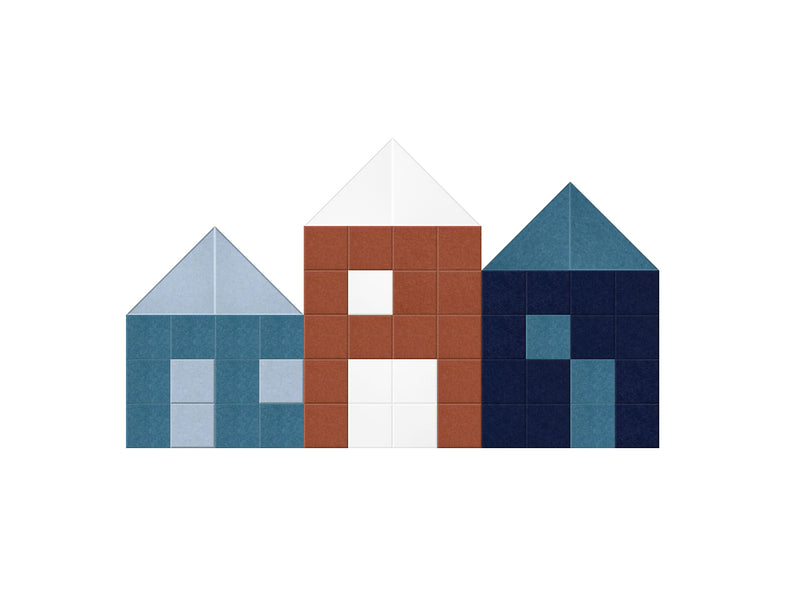 Three geometric houses in teal, rust, and navy with triangular roofs and window details arranged in a row.