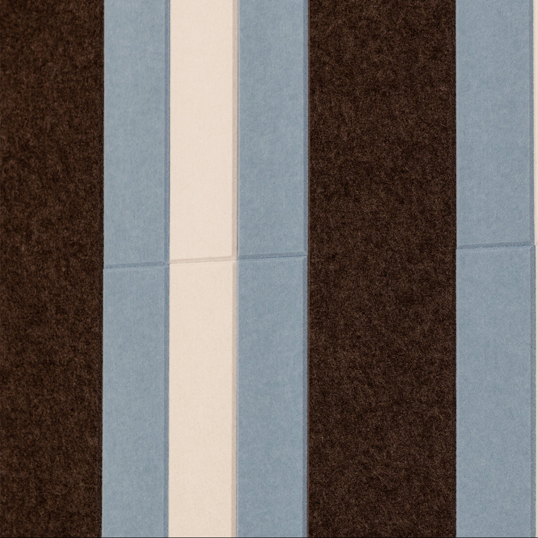 Patterned acoustic felt with vertical stripes in brown, blue, beige, and gray.