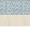Wainscoting design with powder blue floral pattern on top, beige solid middle, and cream vertical paneling on bottom.
