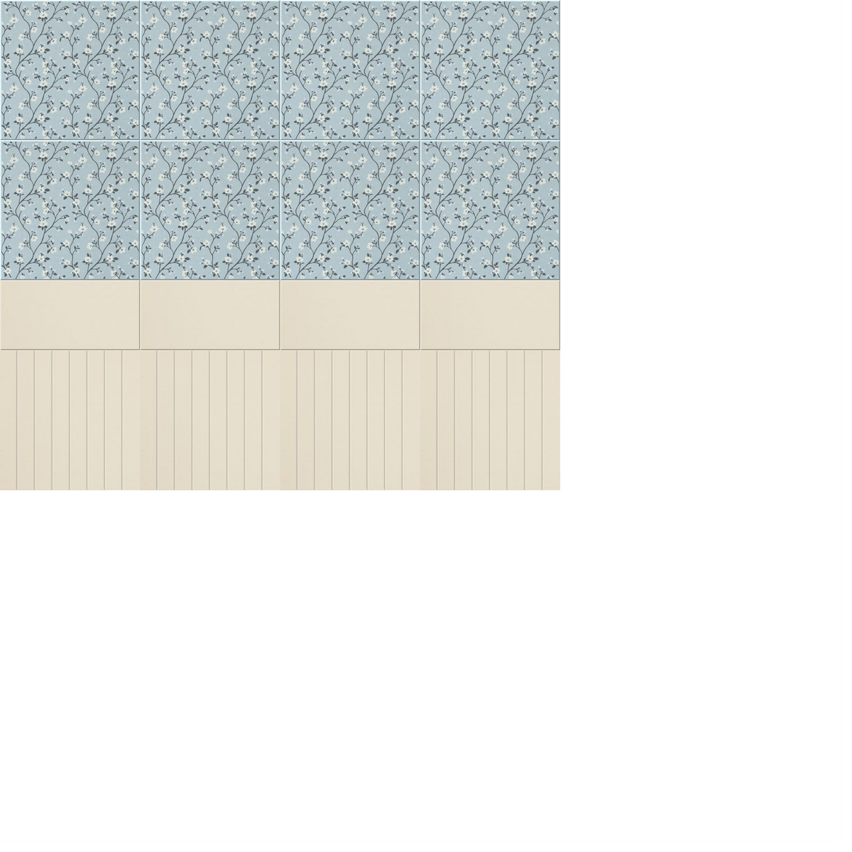 Wainscoting design with powder blue floral pattern on top, beige solid middle, and cream vertical paneling on bottom.