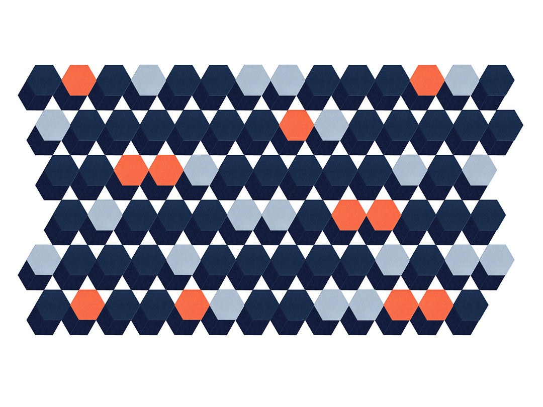 hexagonal wall art design with light blue, dark blue and orange 