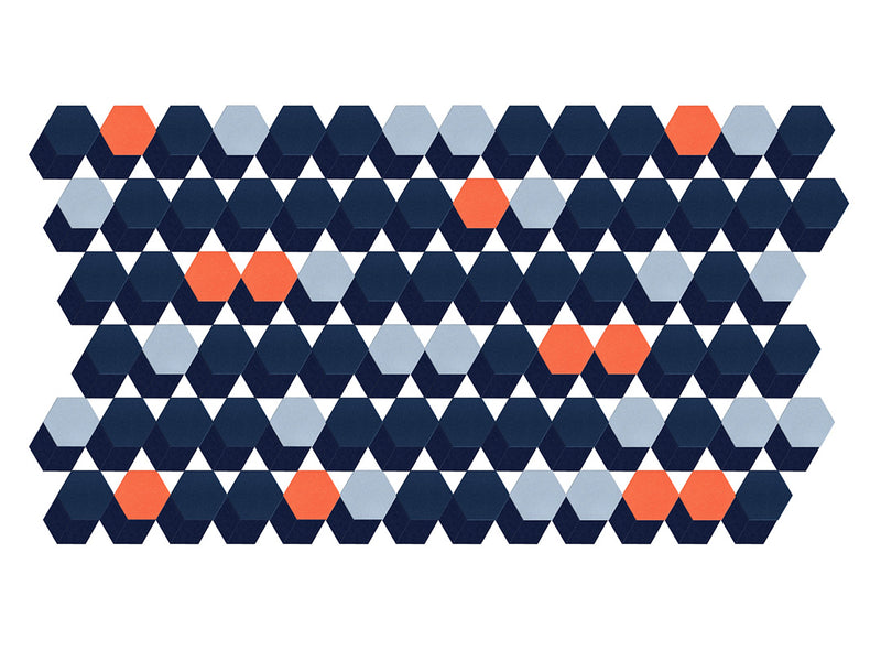 hexagonal wall art design with light blue, dark blue and orange 