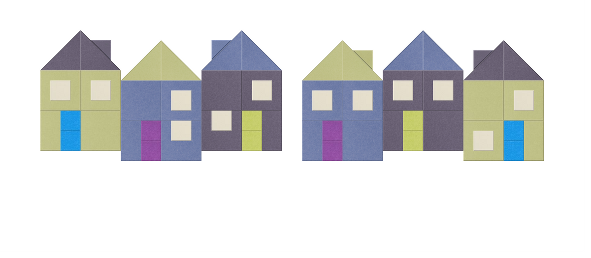 Row of six colorful geometric houses with pitched roofs in blue, gray, yellow, and green tones.