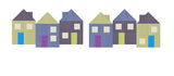 Row of six colorful geometric houses with pitched roofs in blue, gray, yellow, and green tones.