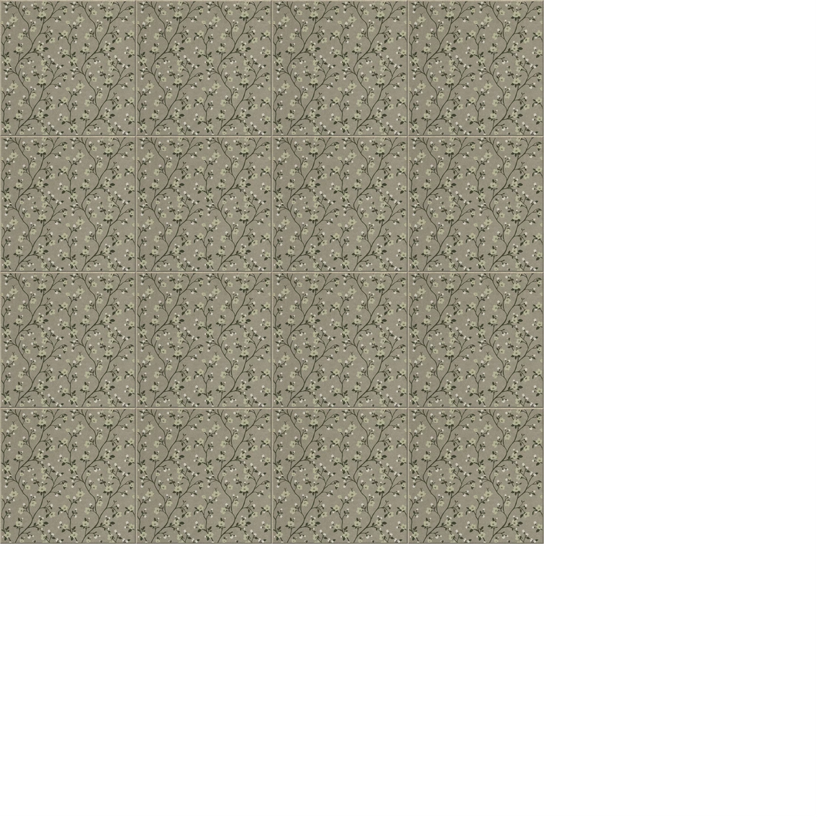 Sage green tiled surface with delicate botanical leaf and flower pattern throughout.