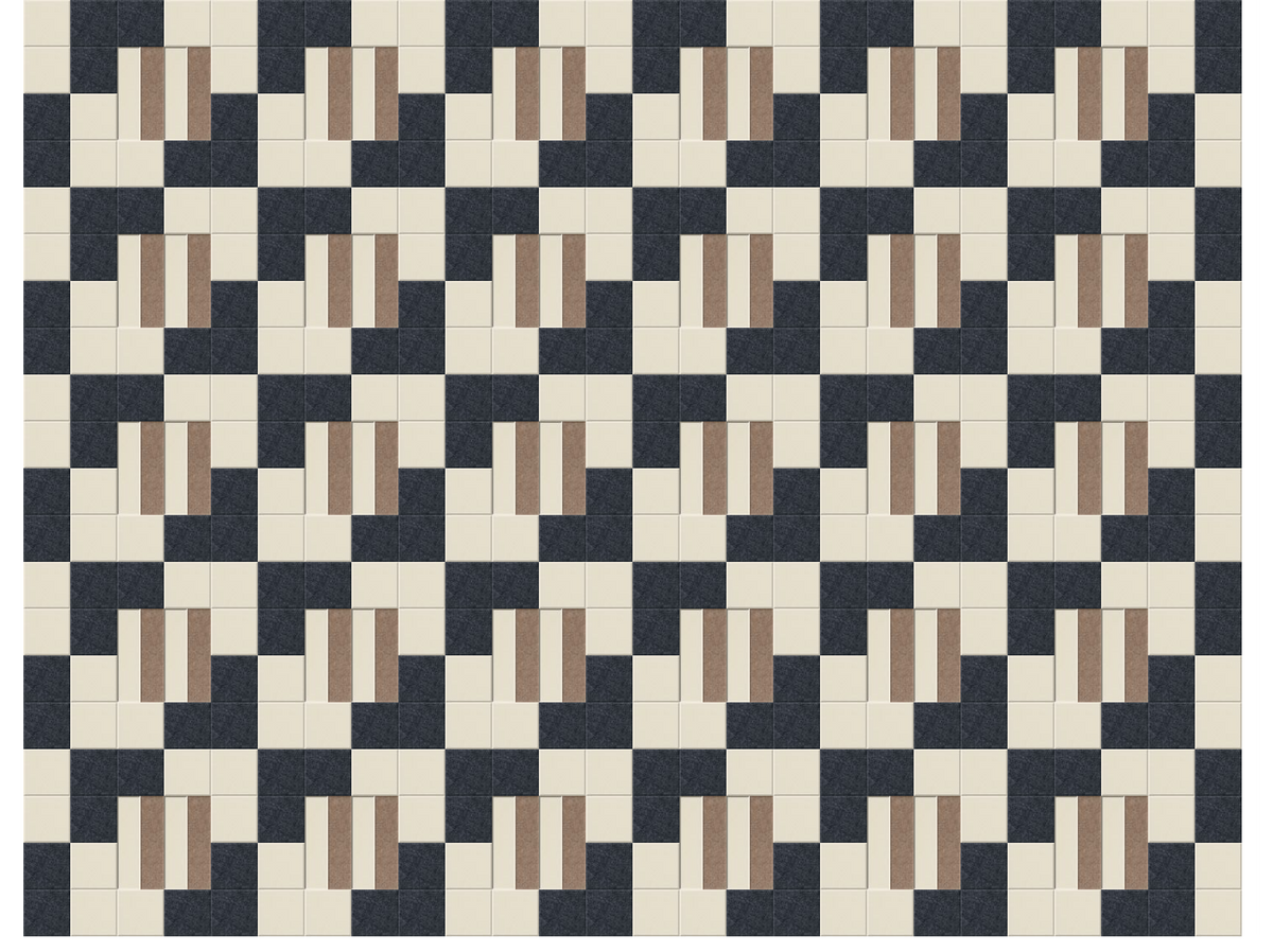 Geometric tile pattern with repeating dark blue, cream, and tan blocks in abstract design.