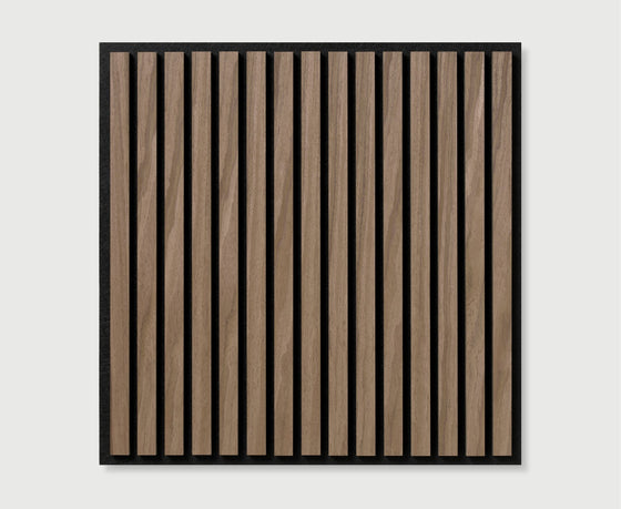 A square panel featuring vertical brown wood slats with a thin black border, shown against a light gray background.