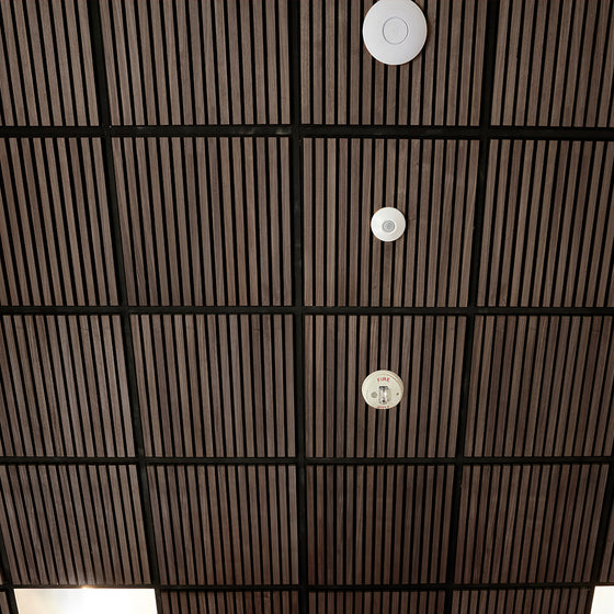 Ceiling with wooden slats and light fixtures