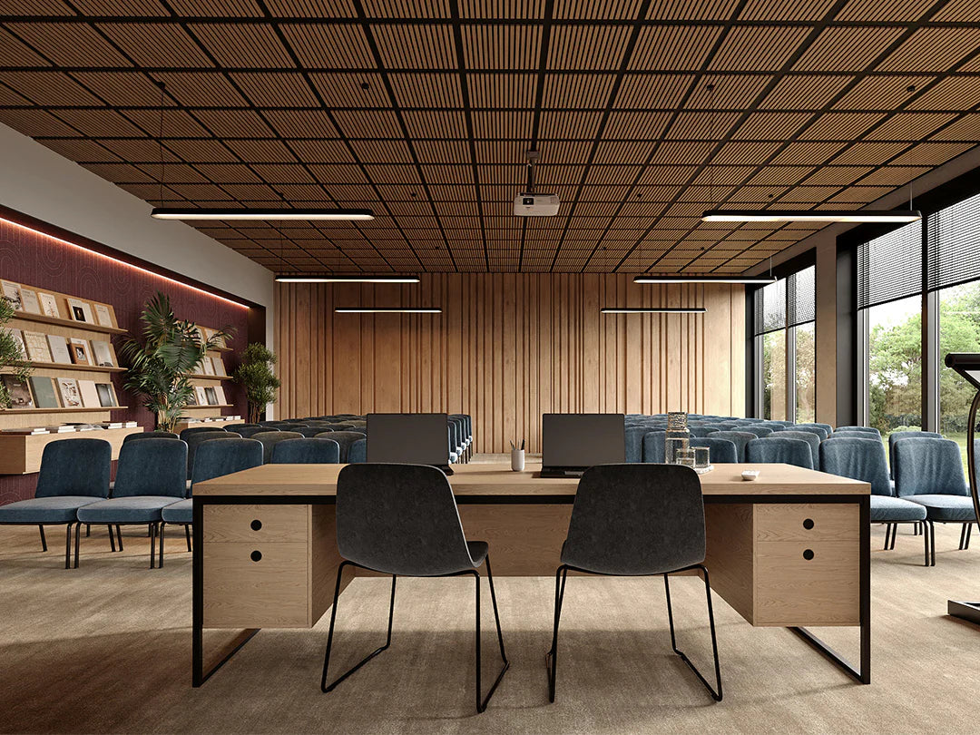 wall nut wood ceiling tiles in a meeting room
