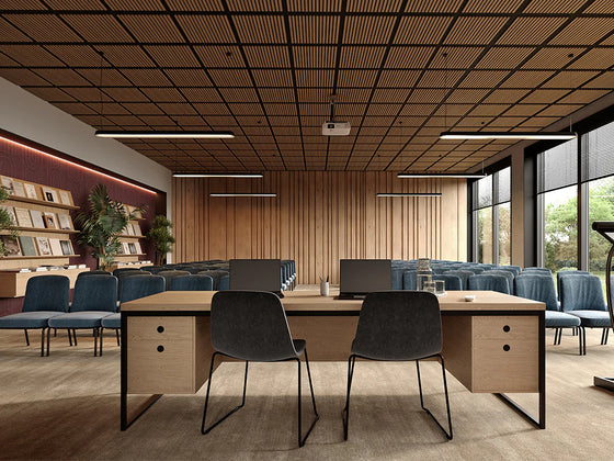 wall nut wood ceiling tiles in a meeting room
