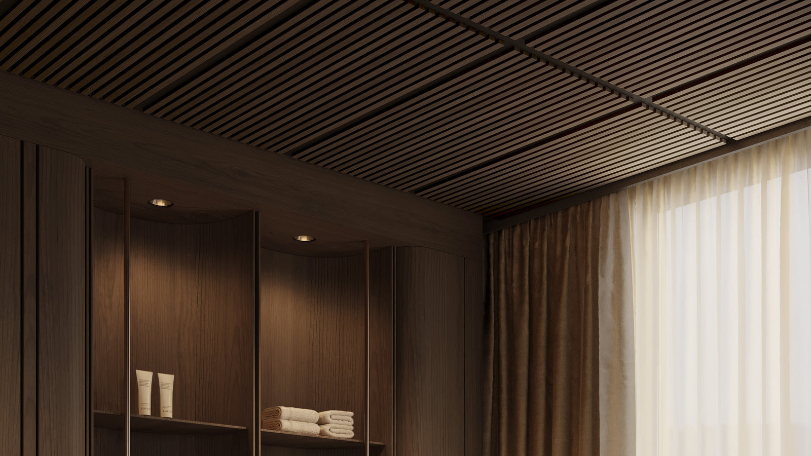 Modern interior with wooden walls and ceiling, and a curtain filtering light.