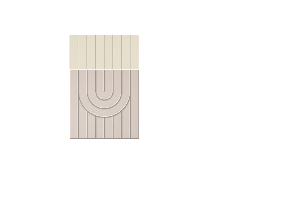 Two-tone ceramic wall tiles with vertical line pattern and curved arch motif in cream and beige.