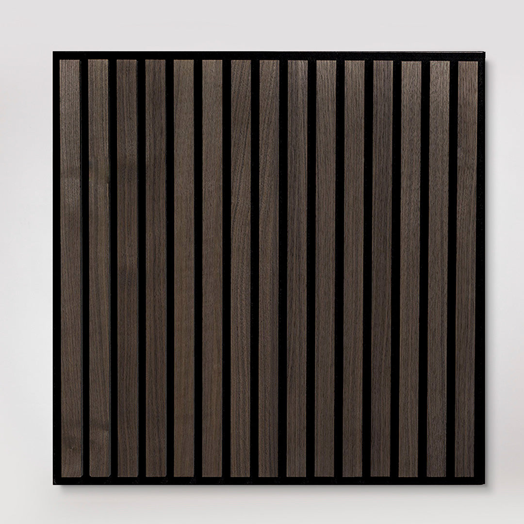A square wall-mounted decorative panel featuring vertical dark brown wood slats with a thin black frame, shown against a light gray wall.