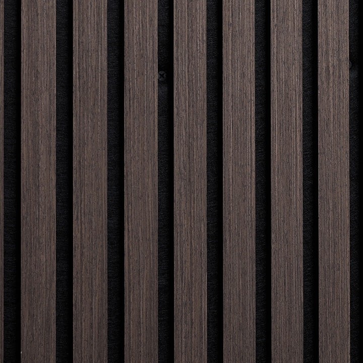 Dark brown wood slat panel with vertical grooves and a textured finish, shown as a close-up material sample.